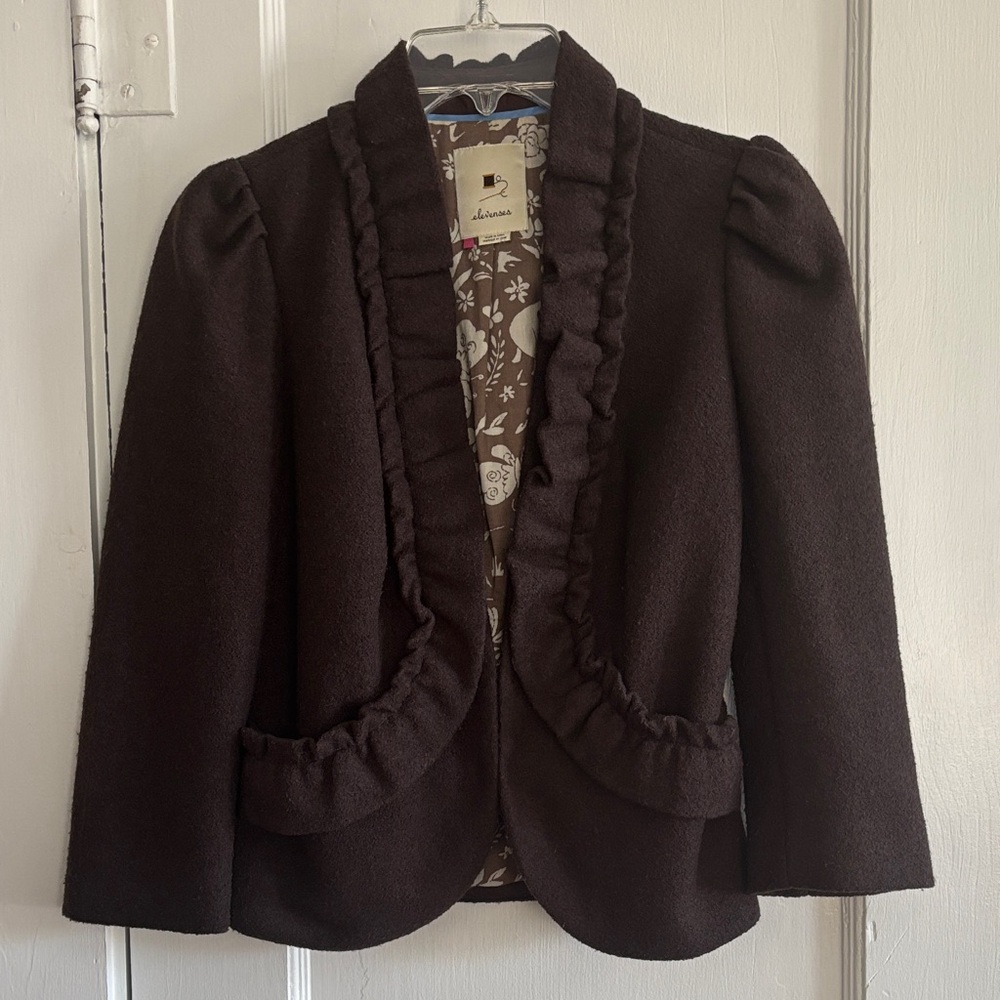 Anthropologie Elevenses Dark Brown Ruffled Blazer Size 0